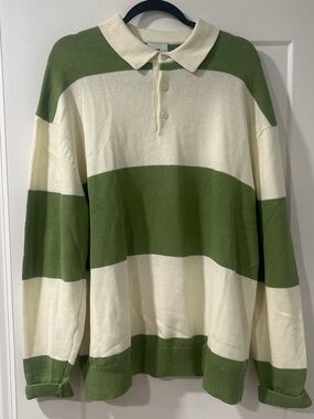 H&M Green and Cream Striped Zip-Up Polo Sweater, oversized